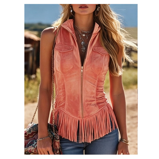 Women's Country Singer at Karaoke Western Suede Fringe Vest