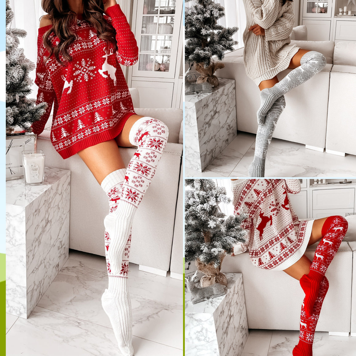 Cozy Warm Winter Deer Print Thigh High Sock