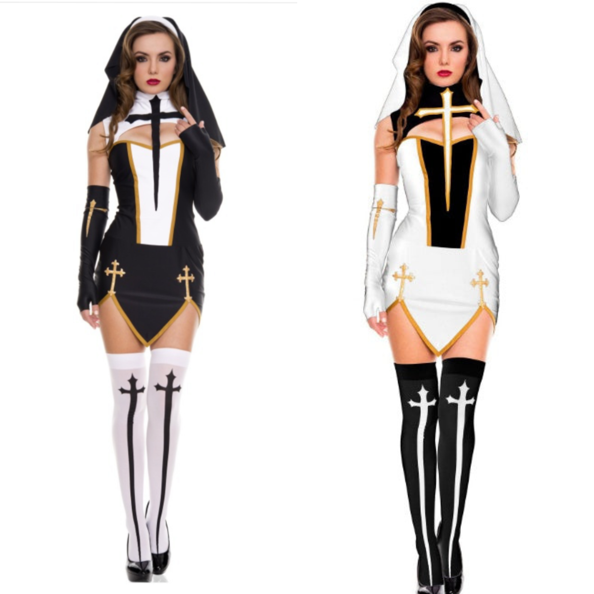 Bad Habit Seductive Nun Cosplay Costume Set - 4 Piece Black & White Mini Dress