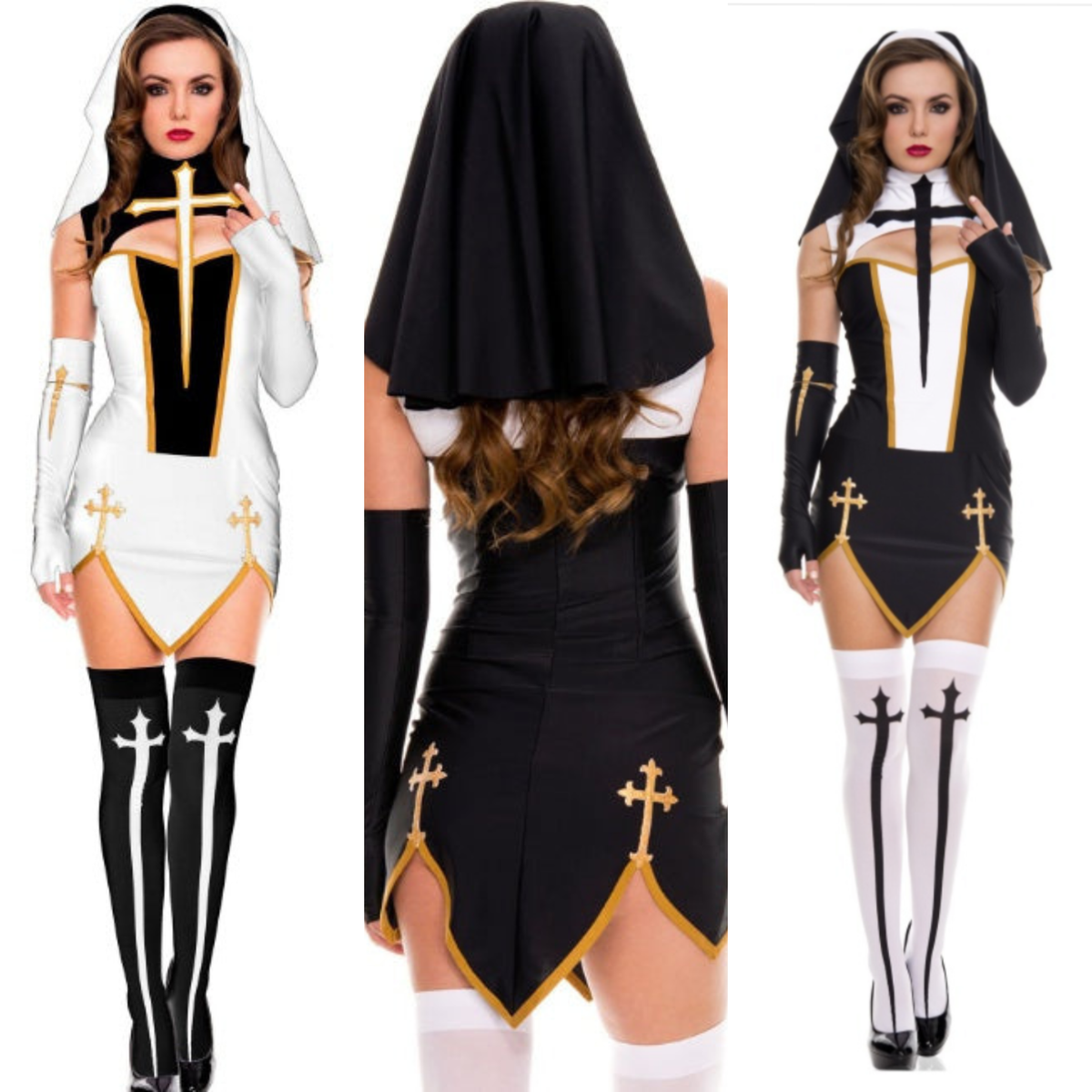 Bad Habit Seductive Nun Cosplay Costume Set - 4 Piece Black & White Mini Dress